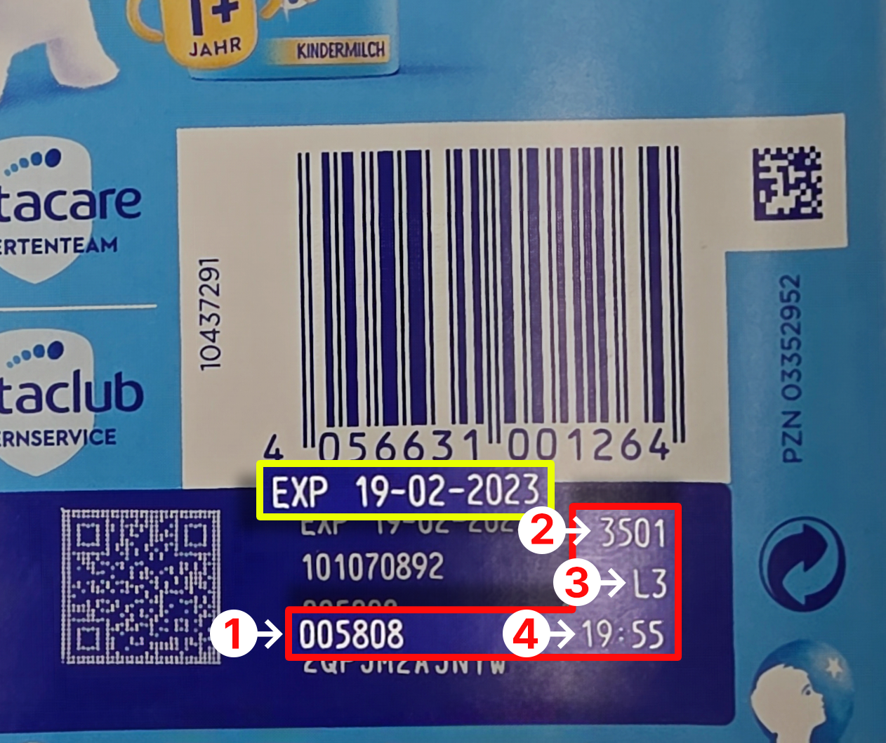 누트라 제품 기재 예시 (노란색: EXP/Best Before, 빨간색: 캔별 고유번호)